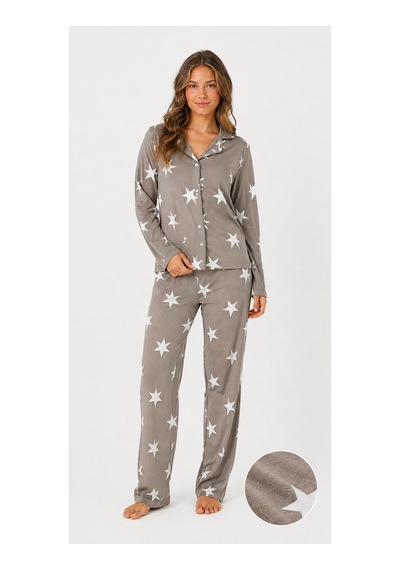 Sleeproom Kadın Süet Mevsimlik Uzun Kol Bej Yıldız Çizgi Desen Pijama Takımı