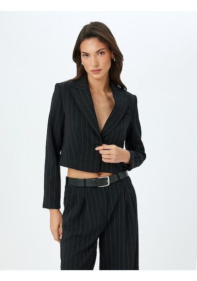 Koton Kruvaze Çizgili Crop Blazer Ceket Siyah Çizgili 5sak50103uw Siyah Çizgili Siyah