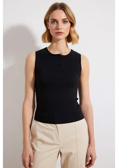 Benerly Kadın Bluz Fitted Crop Bisiklet Yaka Kolsuz Düğmeli Fitilli Örme siyah