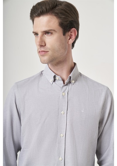 İmza Gri Düğmeli Yaka Oxford Slim Fit Pamuklu Gömlek 1004265124 Açık Gri