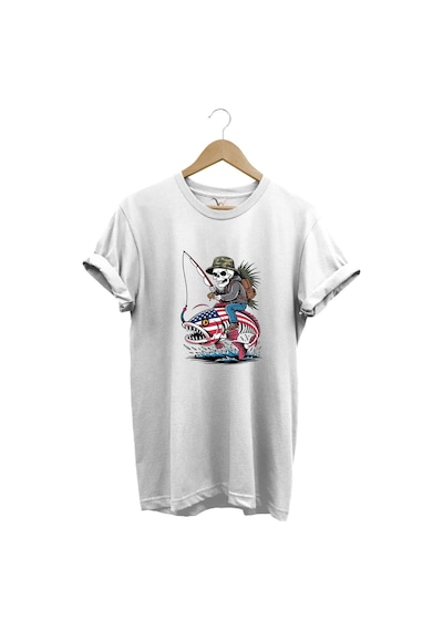 Fishing Balıkçılık Pirana Ve İskelet Tasarım Baskılı %100 Pamuk Regular Fit T-shirt Beyaz