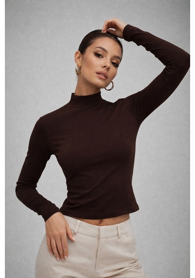 Wild Bee Kadın Kahverengi Yarım Balıkçı Yaka Uzun Kollu Bluz