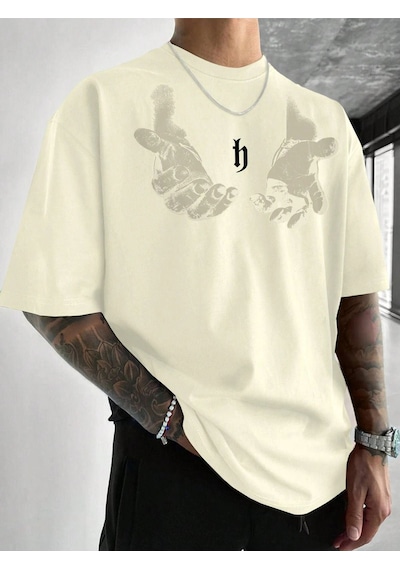 Erkek El Baskı Oversize Bej Baskılı T-shirt - Bisiklet Yaka Kısa Kol Rahat Kalıp Tişört Bej