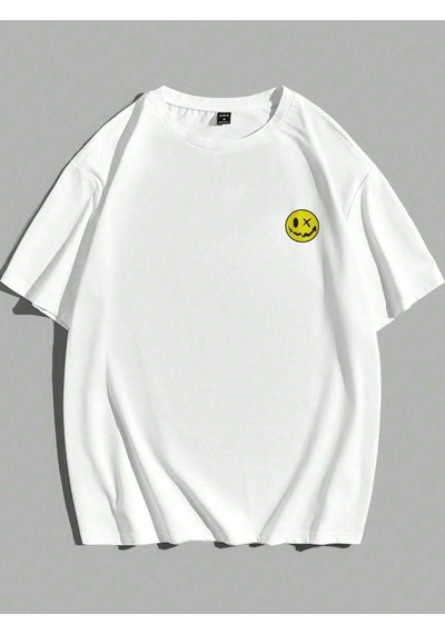 Kadın Beyaz Papatya Baskılı Bisiklet Yaka T-shirt 001