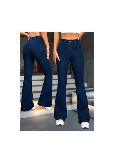 Butik İstanbul Kadın Yüksek Bel Paçaya Doğru Geniş Kot Pantolon Lacivert