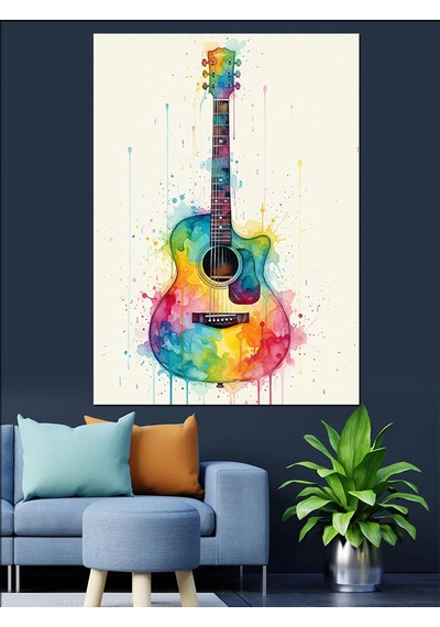 Sulu Boya Gitar Soyut Çizim Dekoratif Kanvas - Mdf Ahşap Tablo