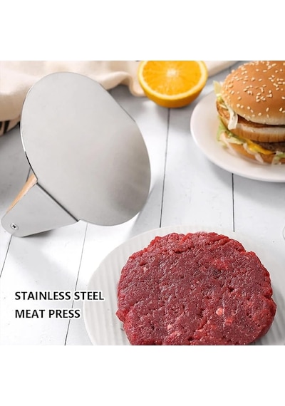 Devmeer Yuvarlak Smash Burger Presi,16 Cm,3 Mm 304 Paslanmaz Çelik Burger Presi, Ahşap Saplı Diğer
