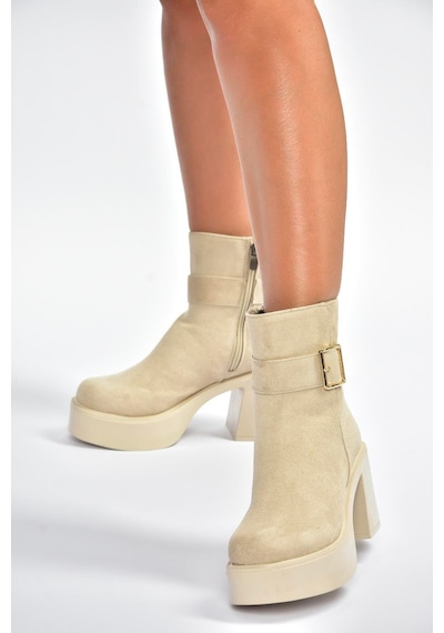 Fox Shoes V726446602 Bej Süet Kalın Topuklu Kadın Bot Bej-süet