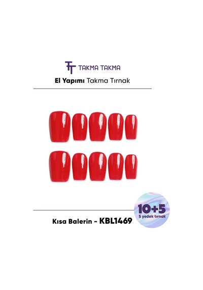 15'li Kırmızı Kısa Balerin Kbl1469 Tekrar Kullanılabilir El Yapımı Protez Takma Tırnak Xs