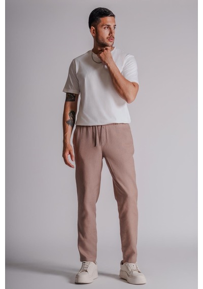 Erkek Yandan Cepli Beli Lastikli Keten Dokulu Relaxed Fit Jogger Pantolon Vizon Vizon