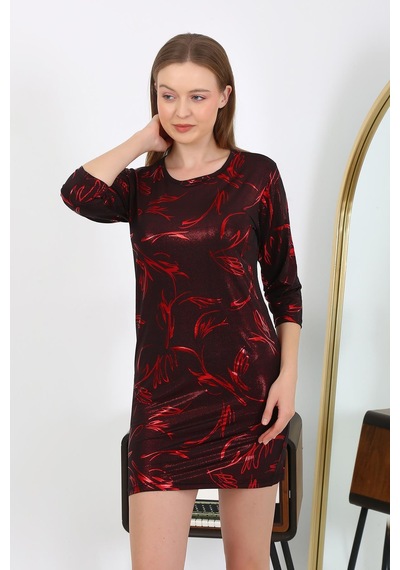 Modi Moda Çizgi Kadın Micro Kumaş Mini Parlak Elbise 7421 Kırmızı