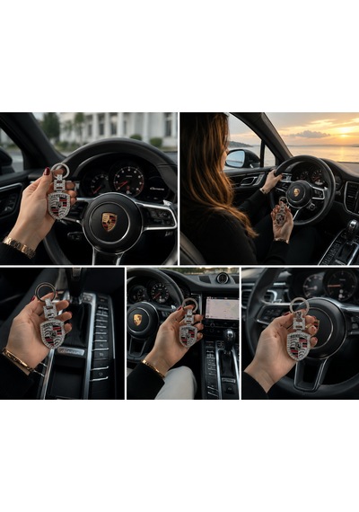 Porsche İle Uyumlu Lüks Taşlı Metal Silver Anahtarlık Aksesuar Panamera Macan Taycan 911