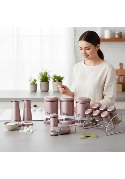 13 Parça Rose Gold Çelik Kapaklı Cam Baharatlık Seti - Stantlı Çeyizlik Baharat Takımı Yağlık Sirkelik Tuzluk Diğer