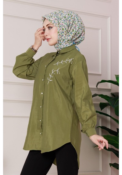 Sevitli Önü İnci Taş İşlemeli Tunik-yeşil-4796 Yeşil