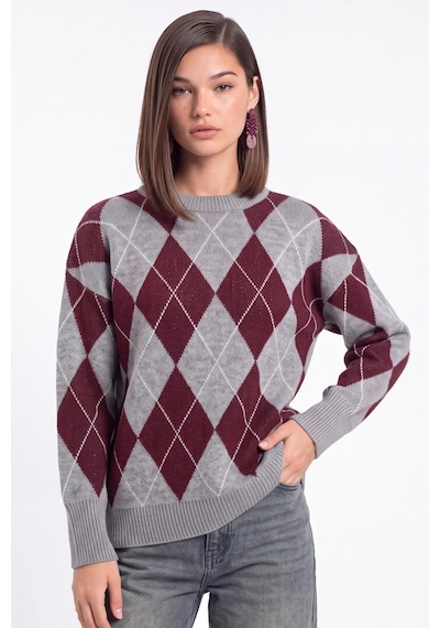 CEMO Argyle Desenli Bisiklet Yaka Triko Kazak Gri