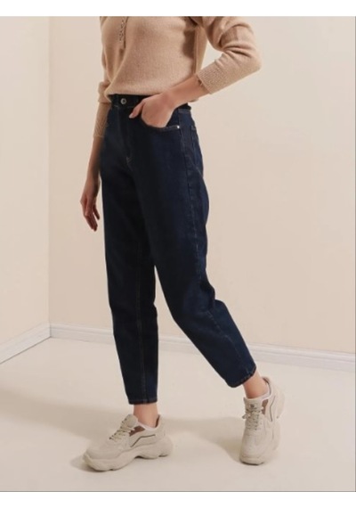 Likralı Denim Kumaş Kar Lacivert Mom Jeans Lacivert