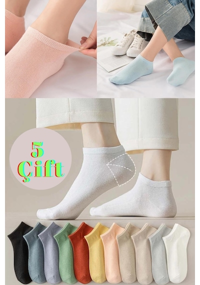 Miss Lana Ladies Socks Kadın Renkli 5 Çift Likralı Pamuklu Penye Patik Çorap Çok Renkli