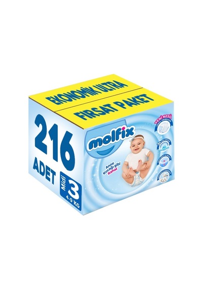 Molfix Bebek Bezi Beden:3 4-9kg Midi  Ekonomik Ultra 216 Adet
