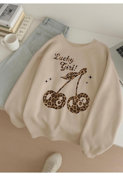 Benroma 3 İplik Penye Lucky Girl Baskılı Unisex Sweatshırt Bej