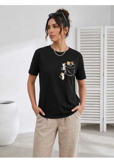 Novalisse Kadın Sevimli Kedi Cep Baskılı Tişört Kısa Kol Yazlık T-shirt - Siyah Çoklu Renk