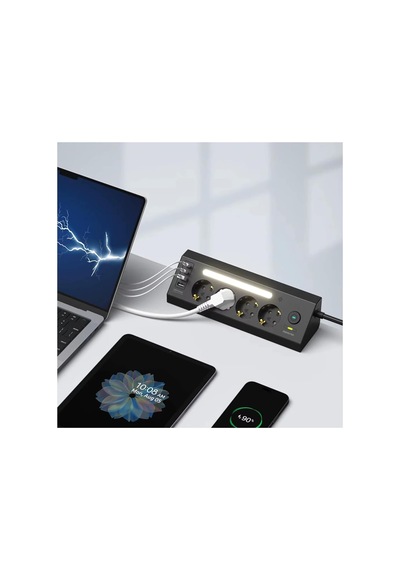 Akım Korumalı Çoklu Priz, 2 Adet Usb 2 Adet Type-c Girişi, 4 Adet Priz Girişi, Hızlı Telefon Şarjı, 2 Metre Kablo Uzunluğu, Masa Üstü Ve Gece Lambası Kullanımlı, Led Işıklı Çoklu Priz Şarj İstasyonu Siyah