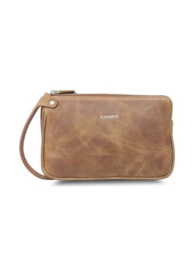 Guard Antik Taba Unisex Çift Fermuarlı El Çantası Hakiki Deri