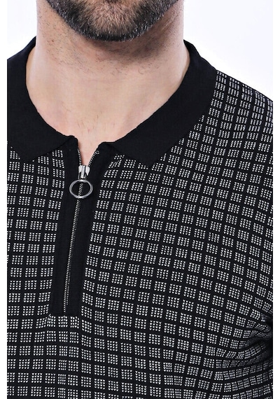 Yake Store Polo Yaka Siyah Desenli Fermuarlı Örme T-shirt Wessi - Siyah