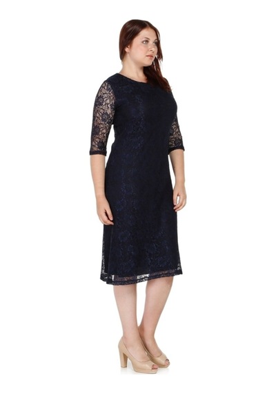 Nidya Moda Büyük Beden Dantel Elbise-4036L Lacivert