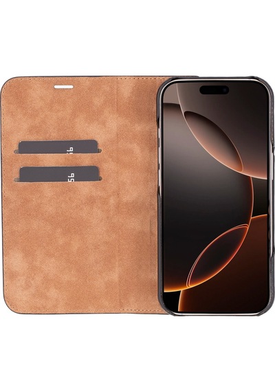 Apple Uyumlu  iPhone 16 Pro , Hakiki Deri, El Yapımı, Cüzdanlı Kılıf, Parlak Siyah