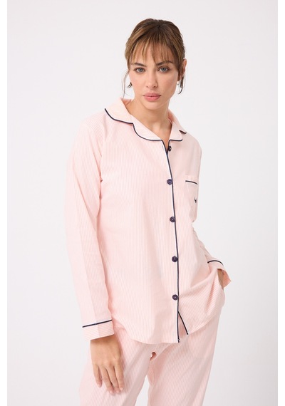 Lespadon Marısılk Seastrıpe Premium Dokuma Uzun Kollu Uzun Pantolonlu Kadın Pijama & Lounge Takımı-3211 Pembe