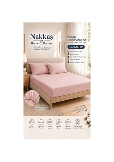 160x200 Lastikli Çarşaf Seti Pamuklu Çift Kişilik Çarşaf + Yastık Kılıfı-toz Pembe