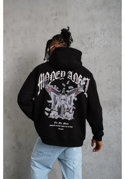 Erkek 3 İplik Pamuklu Baskılı Kapüşonlu Cepli Sweatshirt Hoodie - Siyah