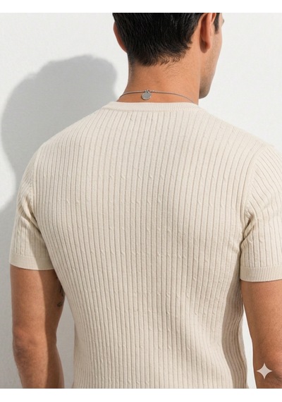 Ribana Erkek Kısa Kollu Bisiklet Yaka Esnek T-shirt 26022 Ekru