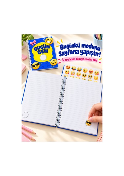 Bugün Ben Emoji Defteri A5 Spiralli 50 Yaprak 100 Sayfa Çizgili 2 Sayfa Emoji Sticker Dahil Mavi