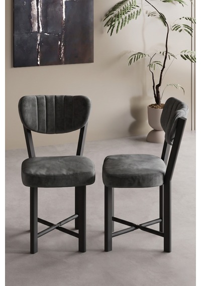 Sandalye 2 Adet Baby Face Kumaş Metal Ayak Modern Mutfak Sandalyesi Cafe Balkon Ofis Elma Antrasit
