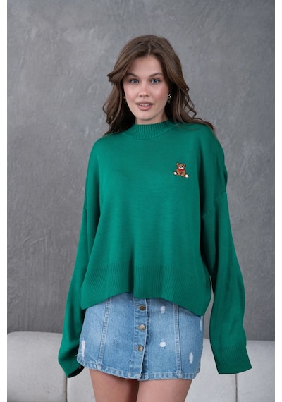 Park Karon Kadın Yeşil Dik Yaka Oversize Nakışlı Triko Kazak 224301 Yeşil