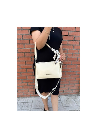 Just Polo Kadın Premium Şal Detaylı Yumuşak Deri Ayarlanabilir Askılı Çapraz El Ve Omuz Çantası Ebat : 28 X 18 Cm Krem