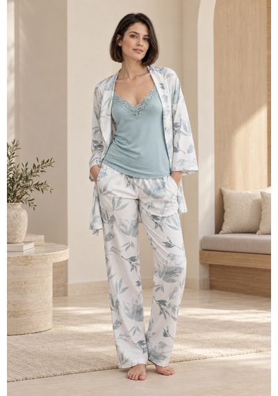 Loule Kadın Mint Yaprak Desenli Sabahlıklı Penye Pijama Takımı