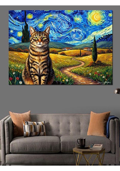 Van Gogh Tarzı Yıldızlı Gece Kedisi Dekoratif Kanvas - Mdf Ahşap Tablo