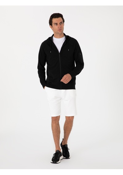 Siyah Regular Fit Tam Fermuarlı Kapüşonlu Sweatshirt
