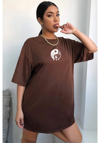 Unisex Yin & Yang Baskılı T-shirt Kahverengi