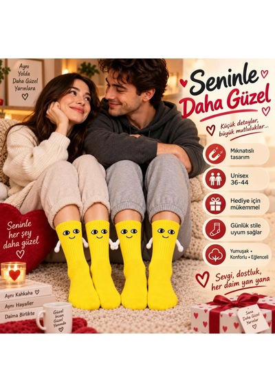 Womanandkids Wak Mıknatıslı El Ele 2'li Unisex Tutuşan Sevimli Çorap 36-44 Çift Hediyesi, Pamuklu Renkli Crew M Sarı