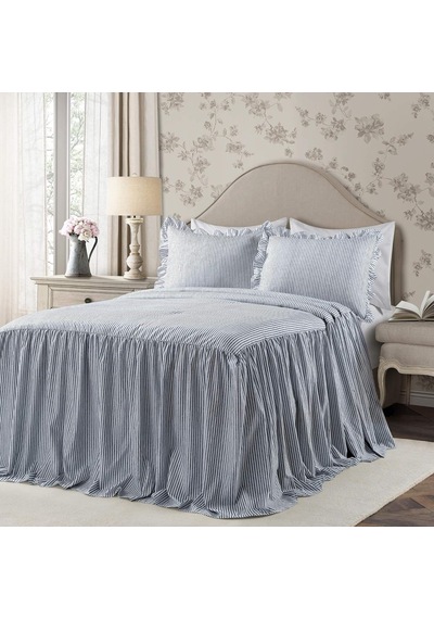 Ticking Çizgili Yatak Örtüsü Lacivert Vintage Şık Çiftlik Evi Tarzı Hafif 3 Parça Set King, Polyester Çok Renkli