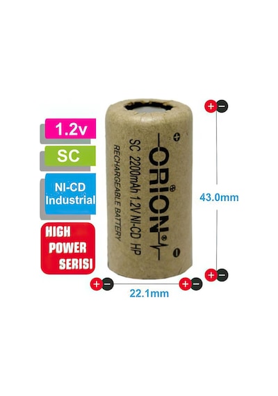 Orion High Power Serisi 2200 mAh 1.2 V SC Boy Ni-CD Industrial Şarj Edilebilir Pil