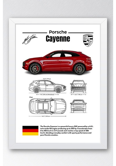 Porsche Cayenne Tablo - Teknik Özellikli Lüks Suv Poster - Çerçeveli Duvar Dekoru - Araba Blueprint Beyaz