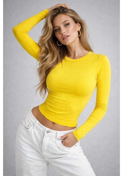 Wild Bee Kadın Sarı Bisiklet Yaka Uzun Kollu Basic Bluz