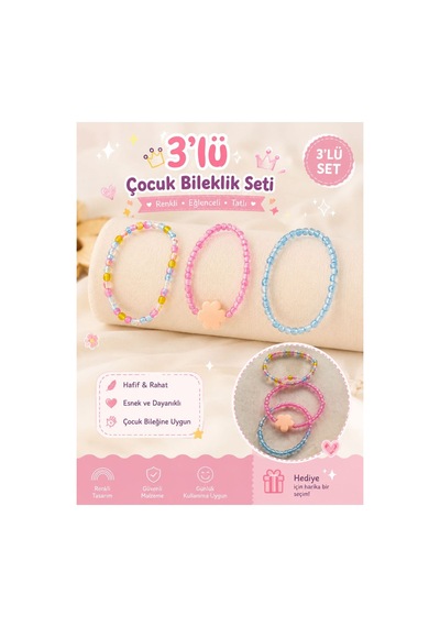 Renkli Boncuklu Çocuk Bileklik Seti - 3'lü, Çiçek Figürlü, Kız Çocuk Takı