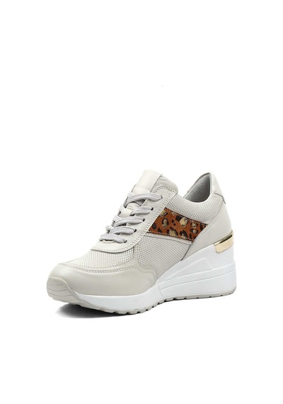 Kadın Bej Bağcıklı Dolgu Topuklu Deri Sneaker