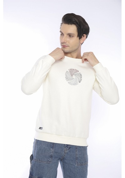 Escetic Erkek Spor Slimfit, Bisiklet Yaka Ekru Sweatshirt-4261 Ekru