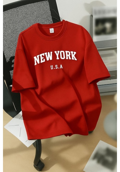 New York U.s.a. Baskılı Unisex Tişört Kirmizi